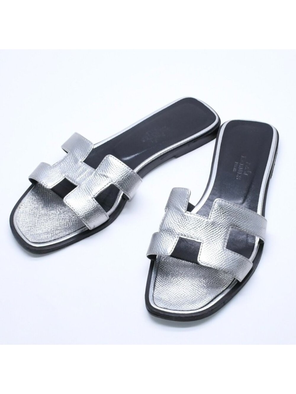 Hermes Oran Slide Sandals Leather Silver Black H Motif Cutout